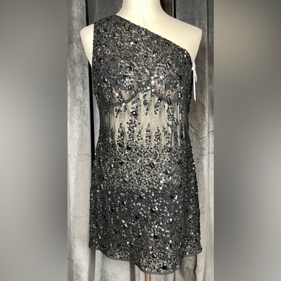 Mac Duggal 10977 | Black One Shoulder | Sheer Hand Beaded | Mini Dress | Size 12 - Picture 2 of 7